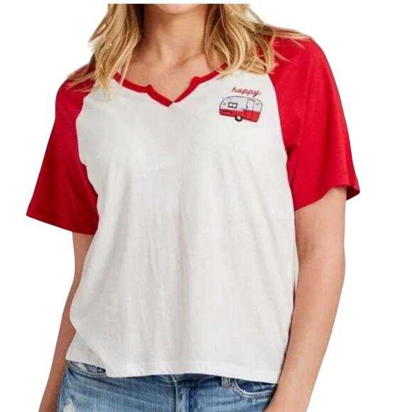 NWT Altar'd State White & Red "Happy Camper" Embroidered Cotton Tee - SIZE SMALL - Picture 3 of 9